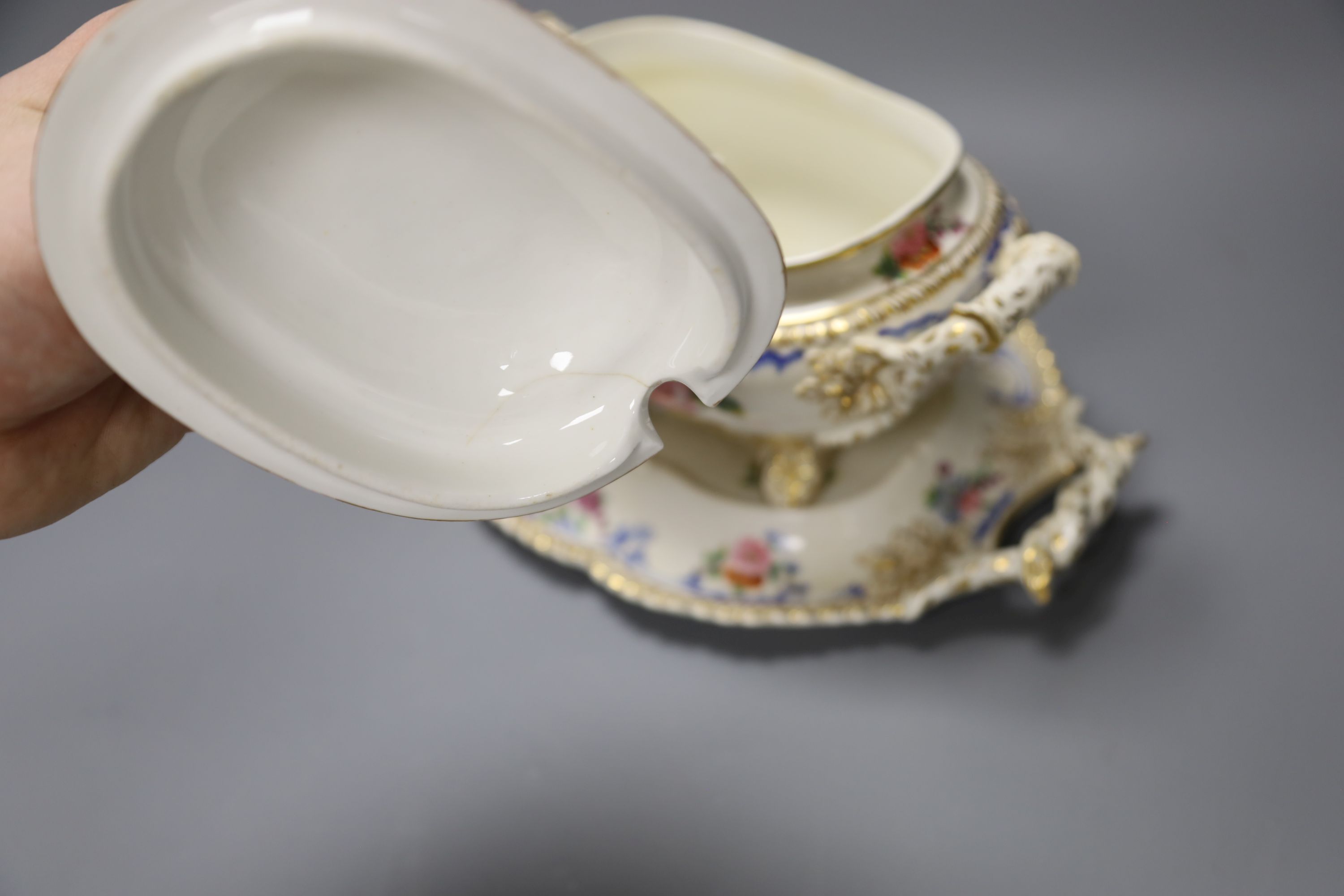 A pair of Ridgway porcelain tureens and integral stands and tureen cover and stand, height 18cm, a Royal Copenhagen figure and a Rosent